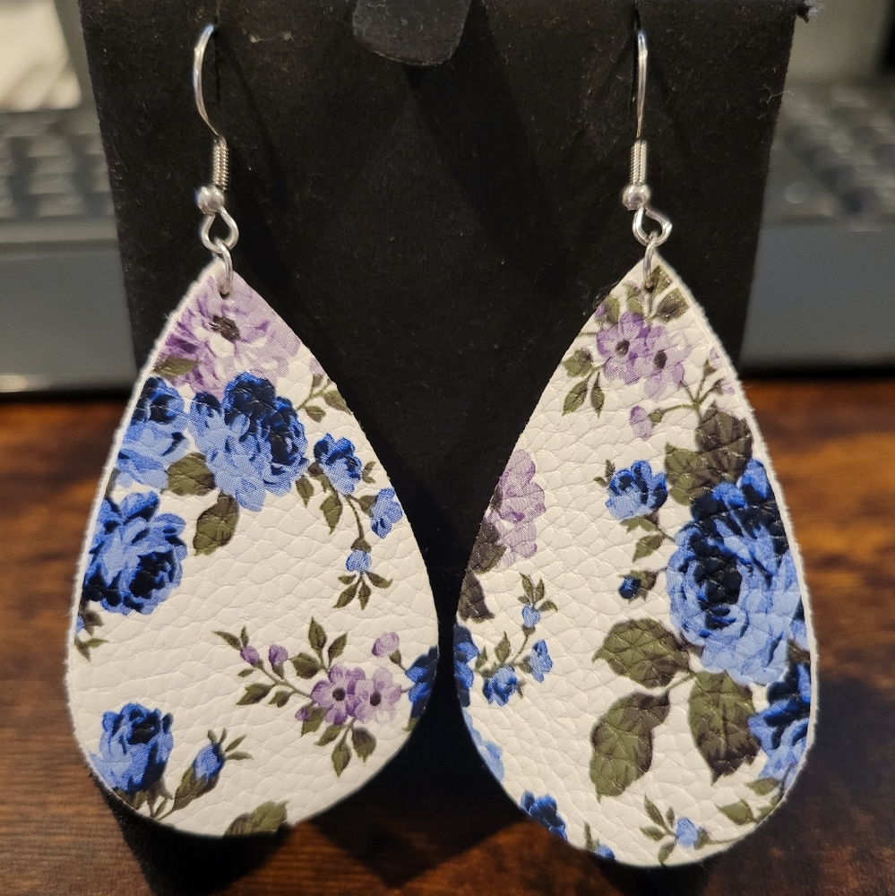 Handmade Floral Faux Leather Teardrop Dangle Earring.